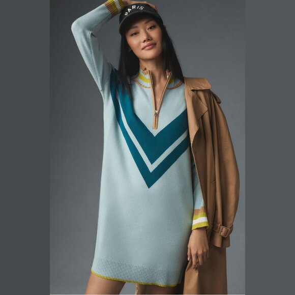 NEW Maeve Size M, Women's Varsity Half-Zip Tunic Mini Sweater Dress - Blue Motif - Picture 2 of 4